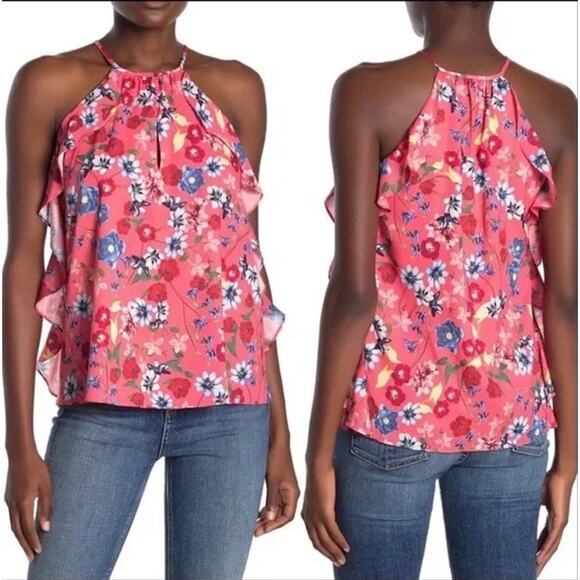 Parker Pink Floral Print Keyhole Ruffle Tank Top - M - Picture 1 of 13